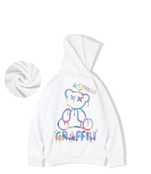High Street Graffiti Bear Print Men's Fleece Hoodie Retro Au