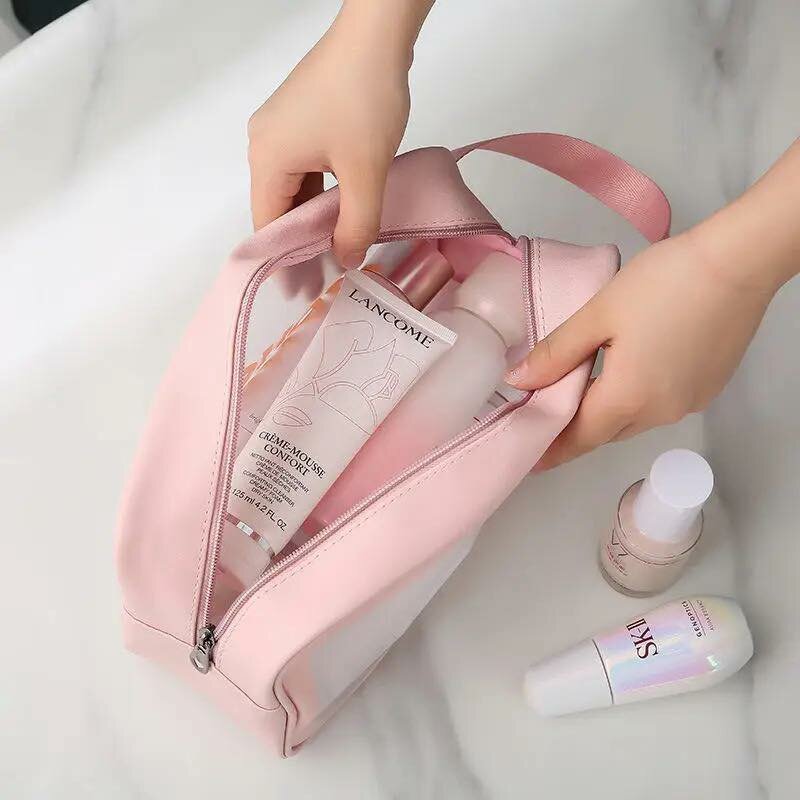 Lot de 3 sacs étanches de rangements composés de trousse de toilette de cosmétique, rose