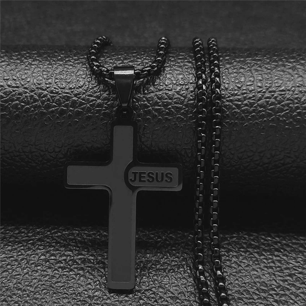 Collier croix noir Jésus