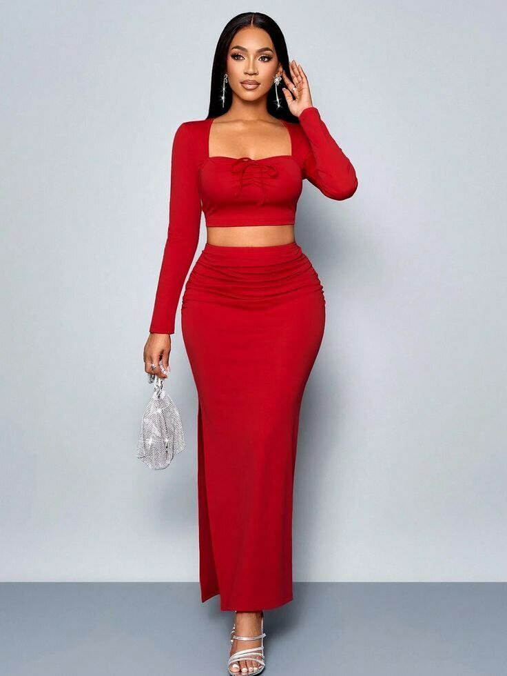 Robe Crop Top Rouge Élégant