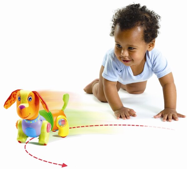 Kids crawl puppy