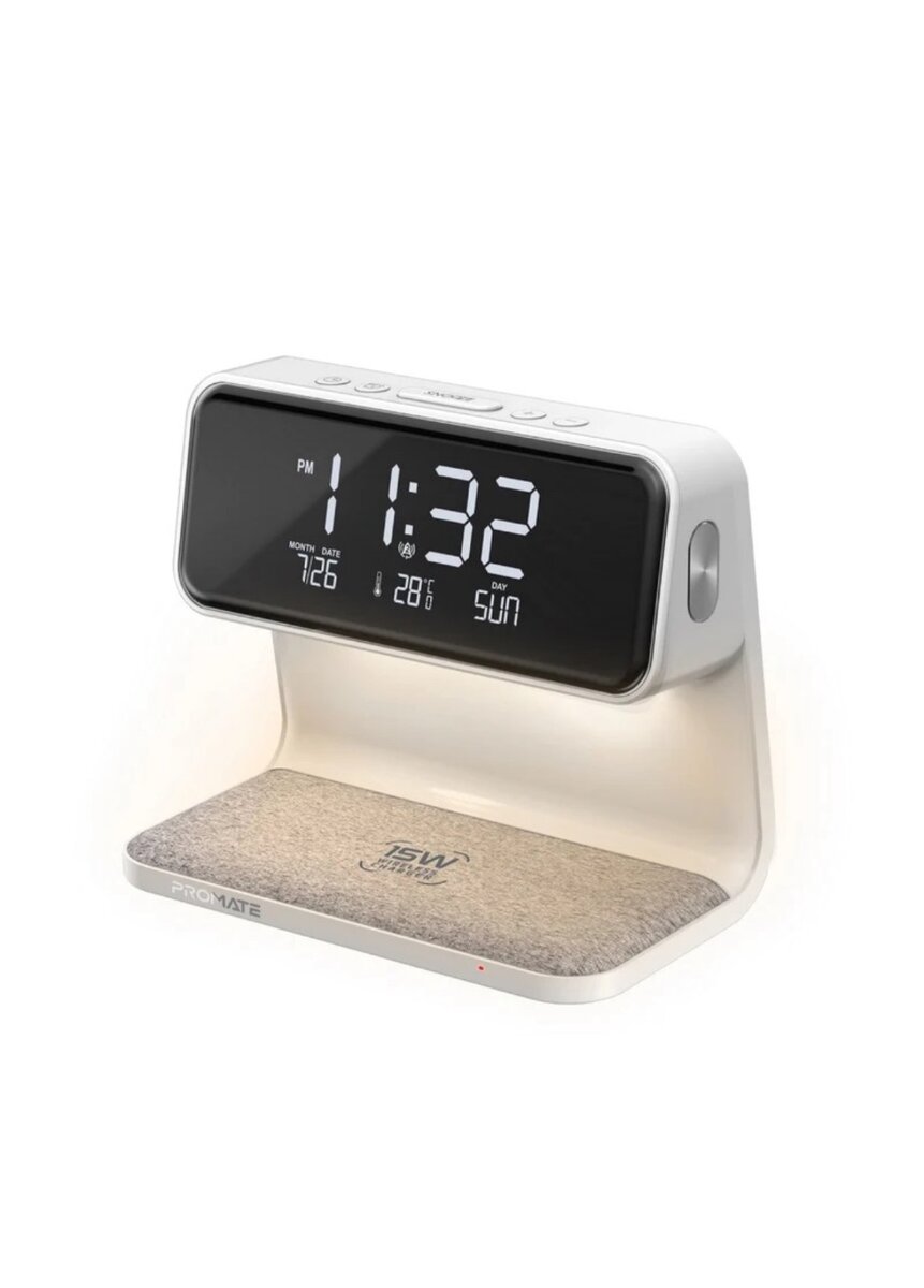 Promate LED Alarm Clock with 15W Wireless Charger