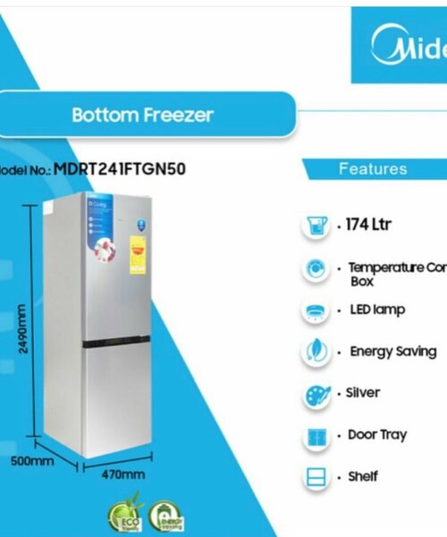 Midea Silver Double Door Bottom Freezer