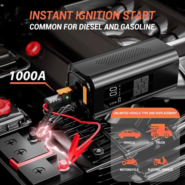 Cordless Tire Inflator Air Compressor with Jump Start Cable
