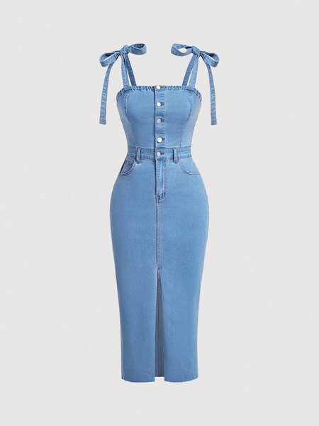 Womens casual denim dress with shoulder tie