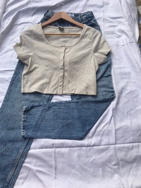 Top manche court beige