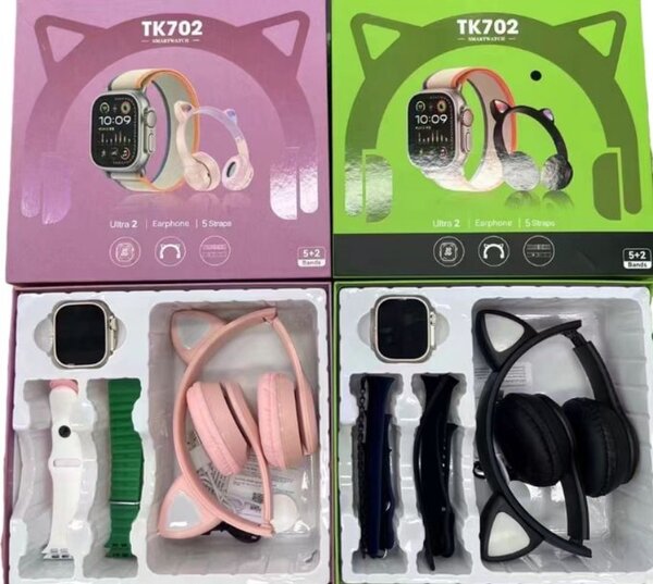 TK702 Smart watch Ultra + 5 Straps + Bluetooth earphones Bla