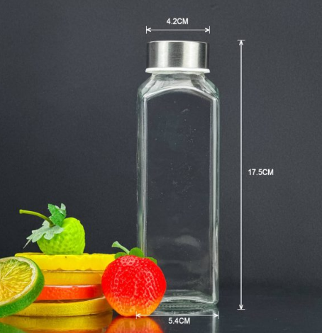 Square Clear Glass Bottle with Stainless Steel Cap