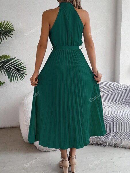 Halterneck pleated belted midaxi