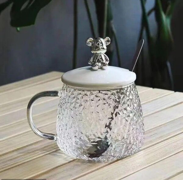 Home And Office Glass Coffee Cup With Lid And Spoon