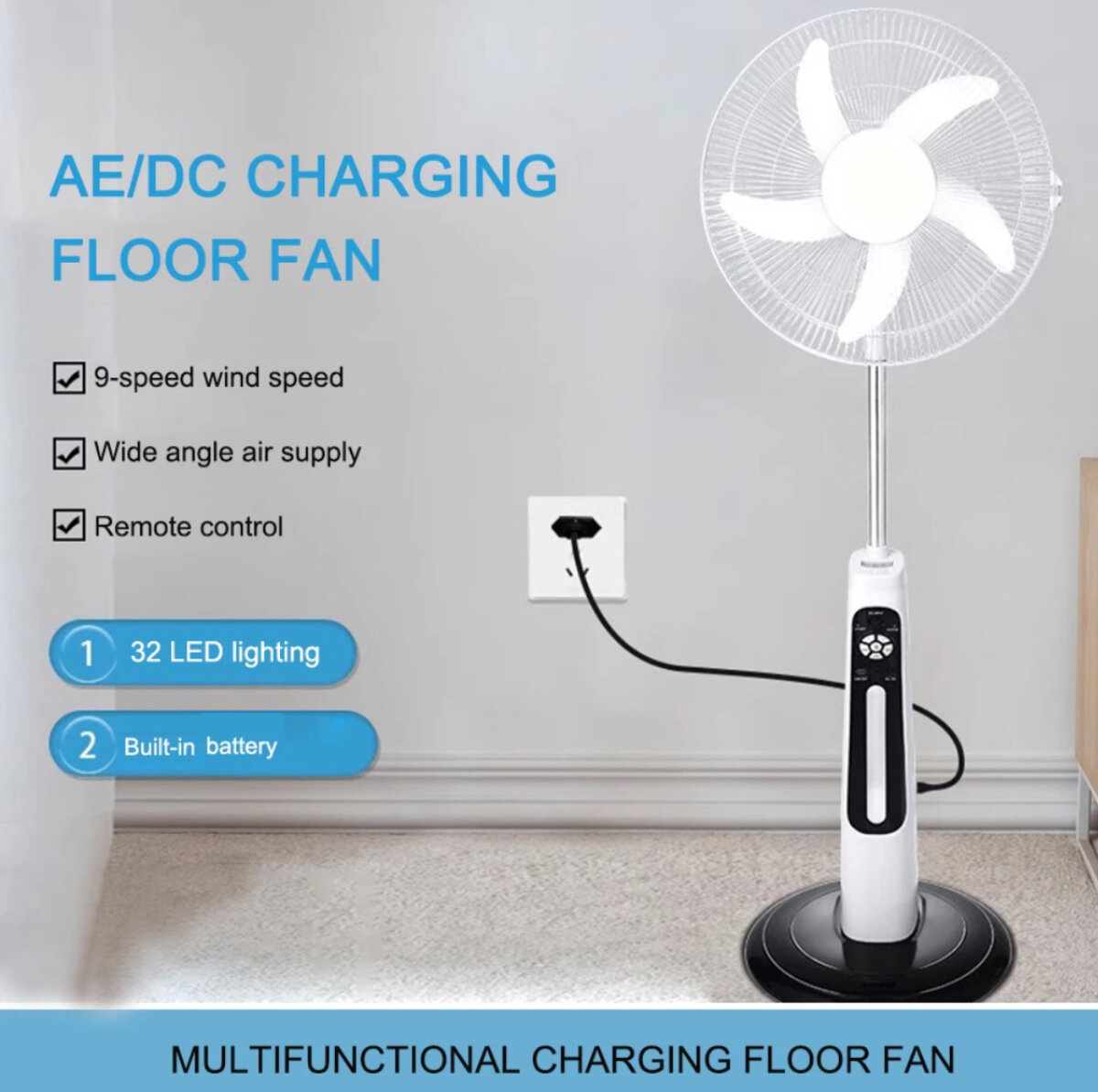 Ventilateur sur pied rechargeable solaire