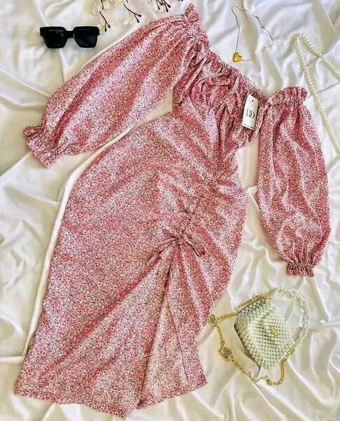Pink Floral Off-the-Shoulder Ruched Midi Dress