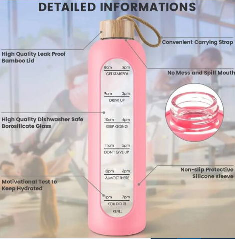 1Litre Portable Bamboo Lid Borosilicate Glass Water Bottle