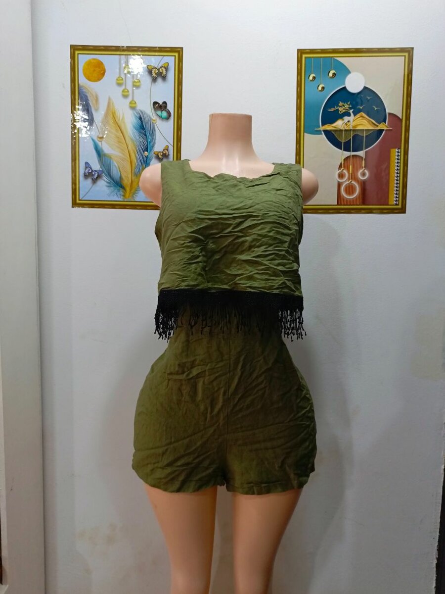 Combishort vert avec franges