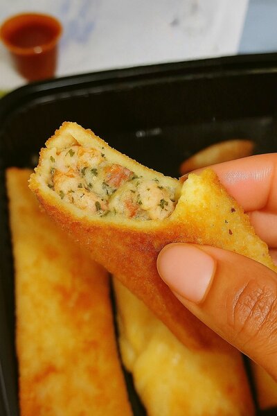 Crêpes panées crevette lardons