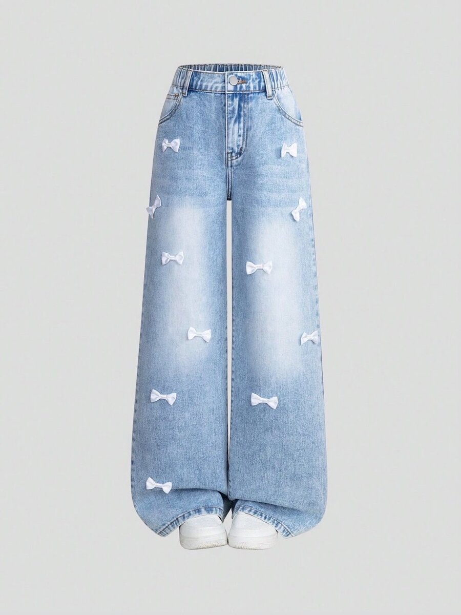 Tween girl new fashion casual light wash jeans with bow