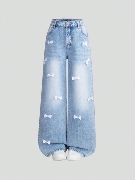 Tween girl new fashion casual light wash jeans with bow