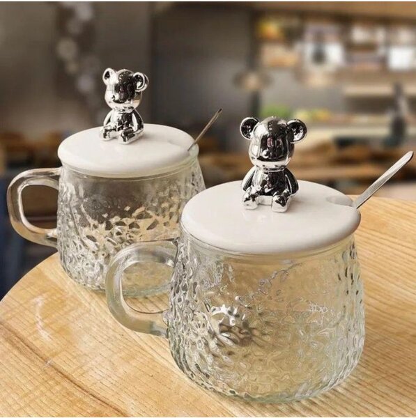 Home And Office Glass Coffee Cup With Lid And Spoon