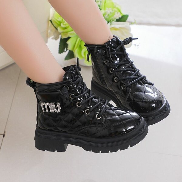 Kids' Black Glossy Ankle Boots