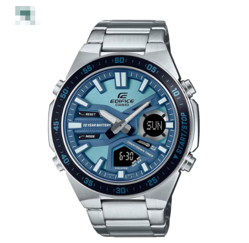 montre chrome Casio avec cadran bleu