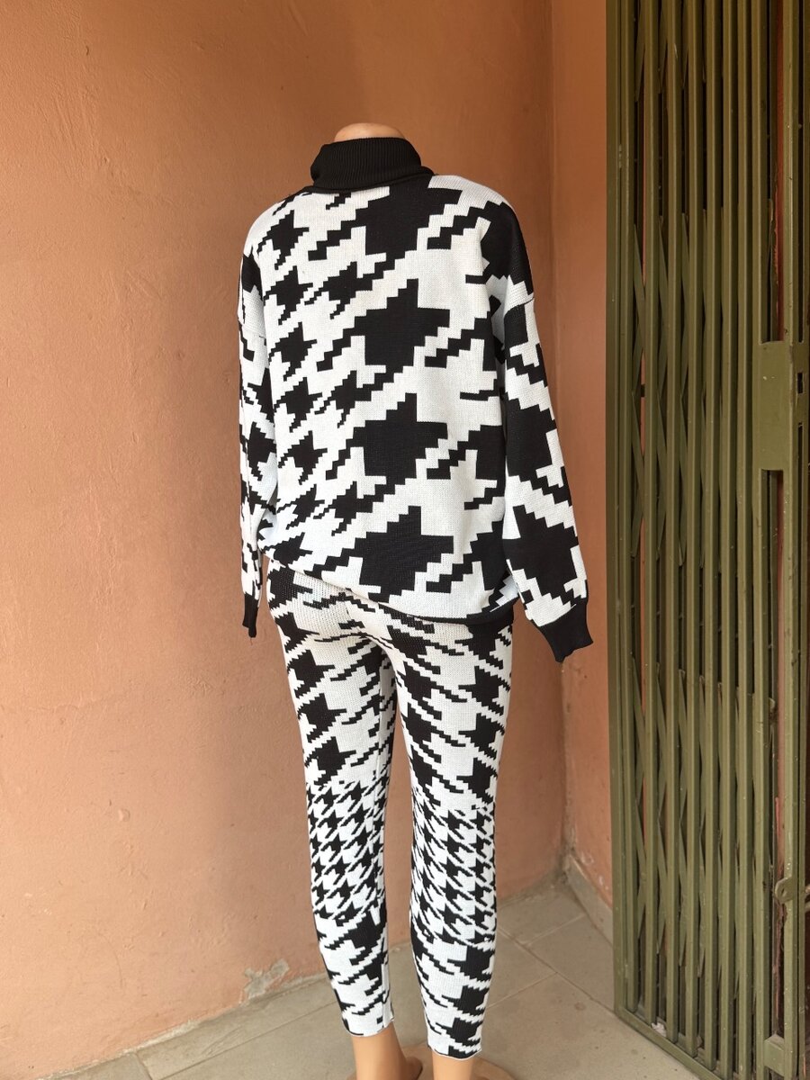 Black and white heavy turtleneck top and down