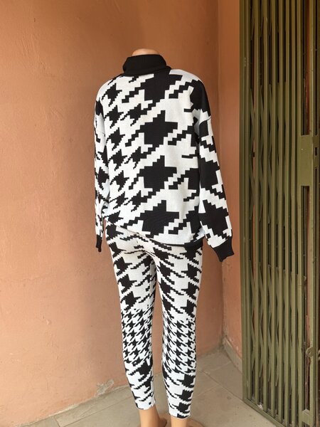 Black and white heavy turtleneck top and down