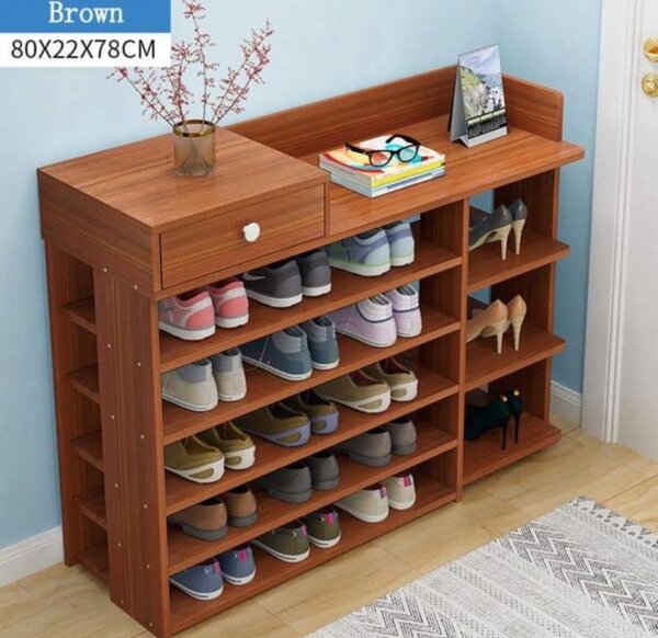 Wooden Shoe Rack With Mini Top Drawer - Brown