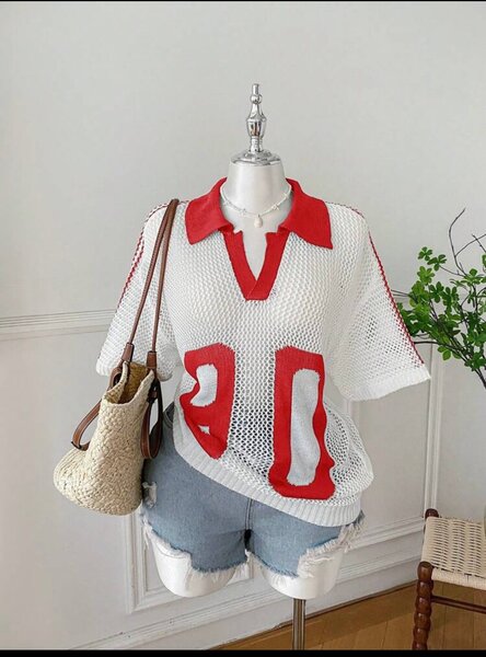 Pull en maille rétro rouge et blanc