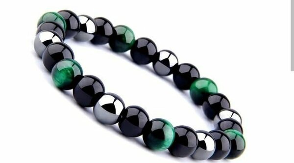 Bracelet oeil de tigre vert + Hématite + obsidienne noir