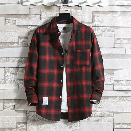 Men's Longss Sleeve Plaid Shirt-Red