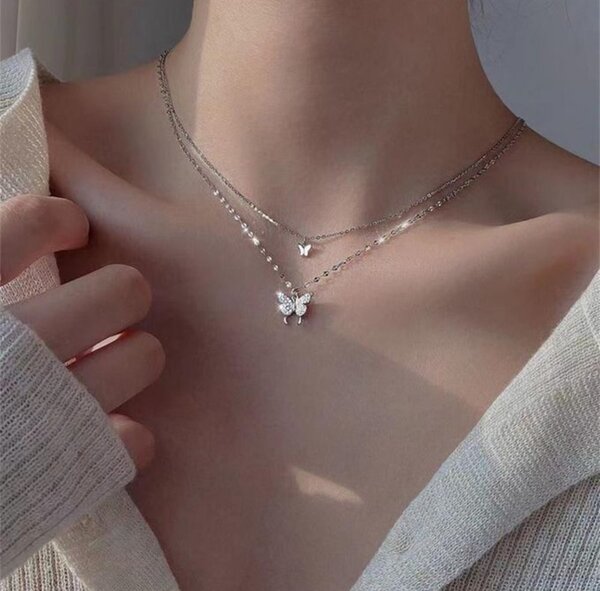 Shiny Butterfly Silver Plated Necklace Ladies Exquisite Doub