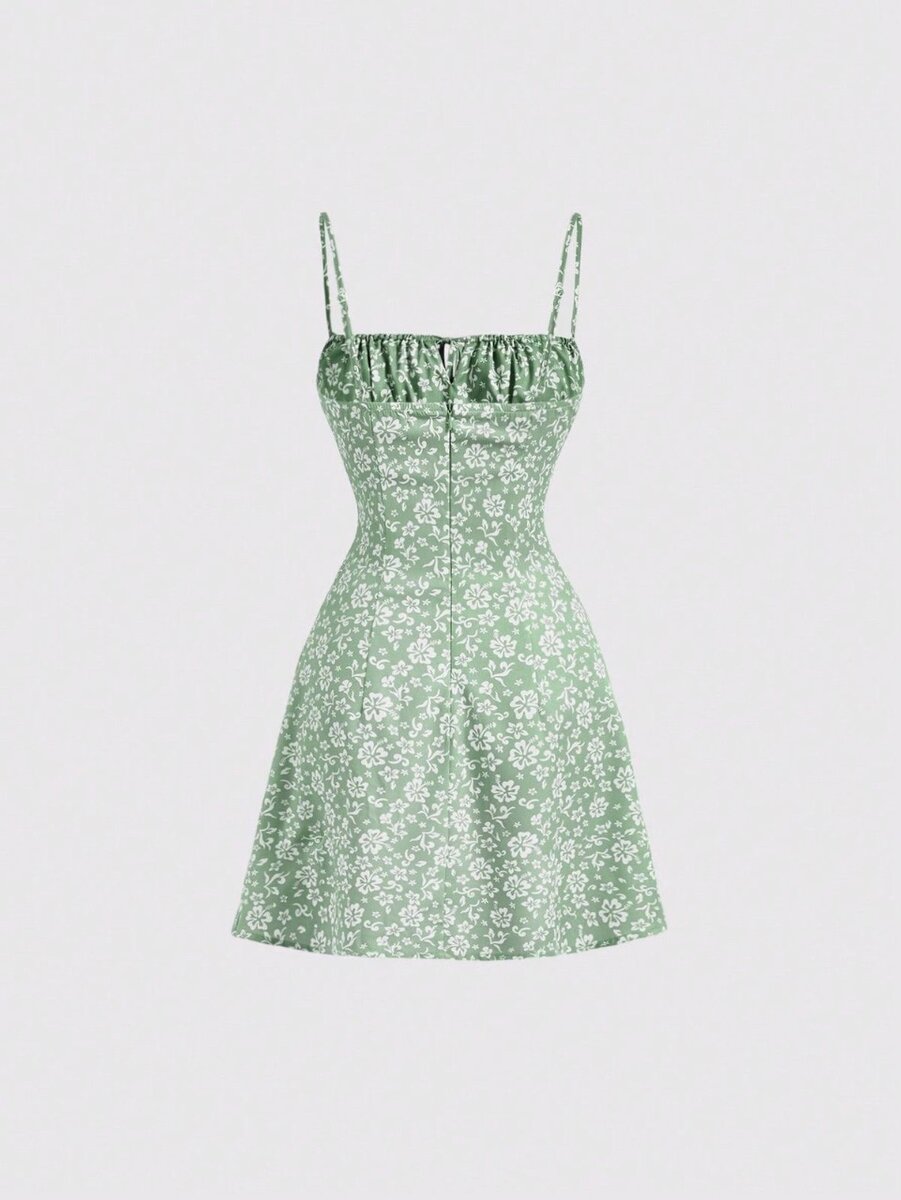 Floral Print Ruched Bust Front Center Bow Decoration