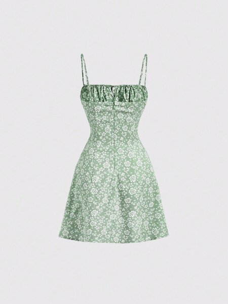 Floral Print Ruched Bust Front Center Bow Decoration