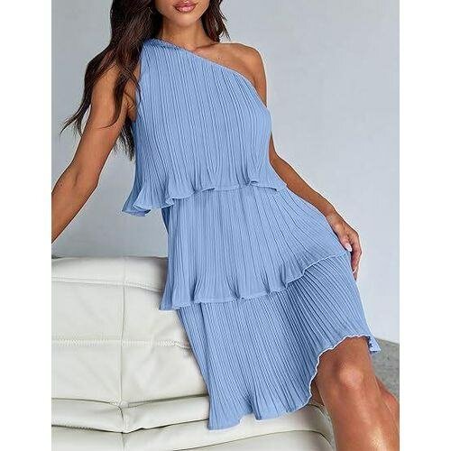 Fashion Diagonal shoulder layered stitching hem pleated slee