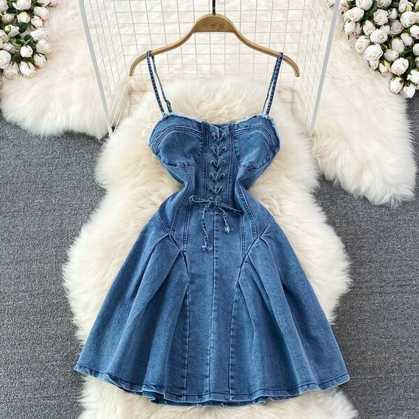 Sleeveless Denim A-Line Dress With Drawstring