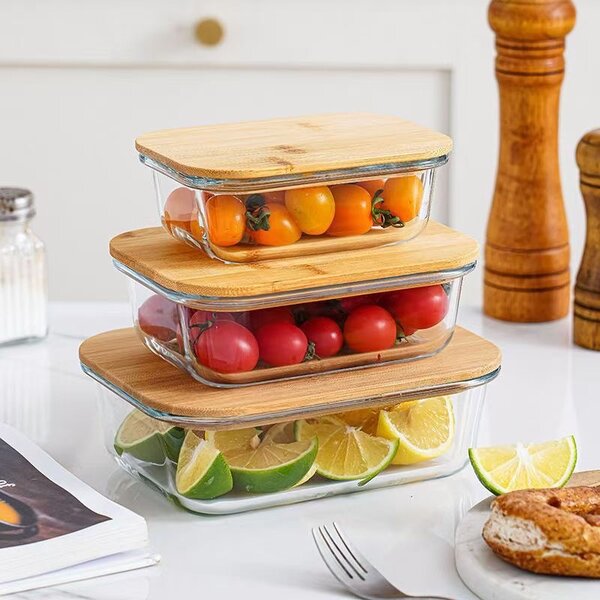 3 set bamboo lid glass bowl