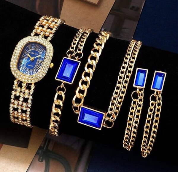 6PCS Luxury Rhinestone Women's Watch and Jewelry Set