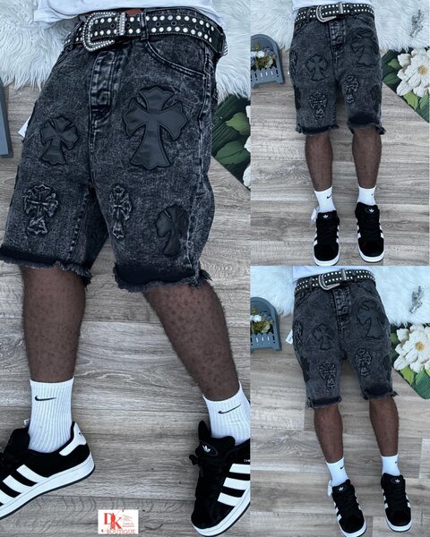 Shorts en jean noir brodés