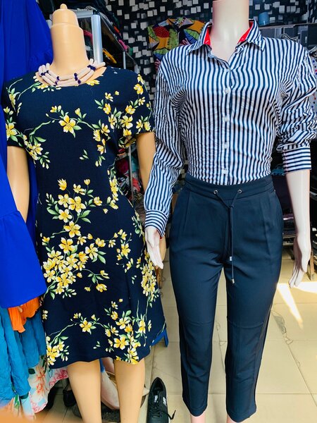 Flare dress attached with blue black pant & striped shirt