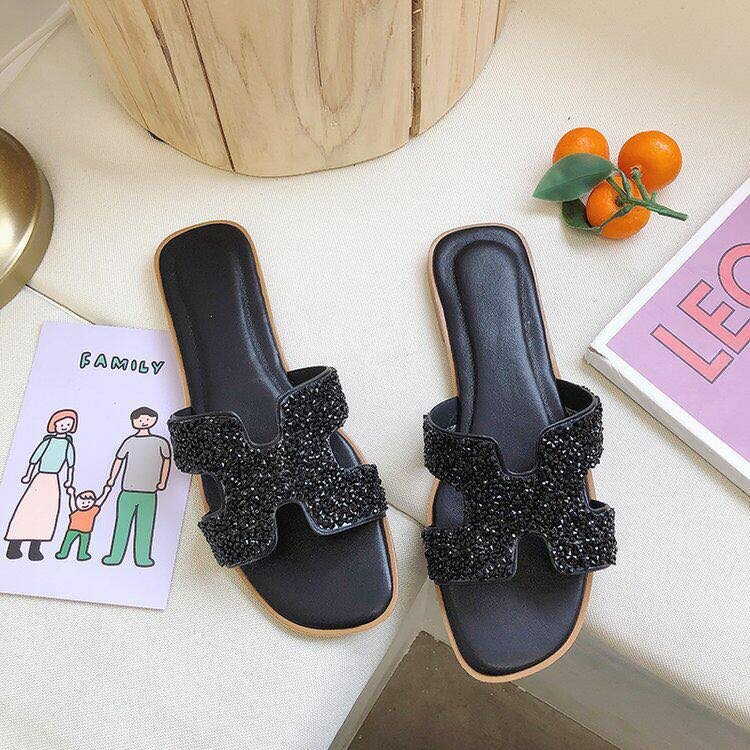 Quality crystal Hermes slippers