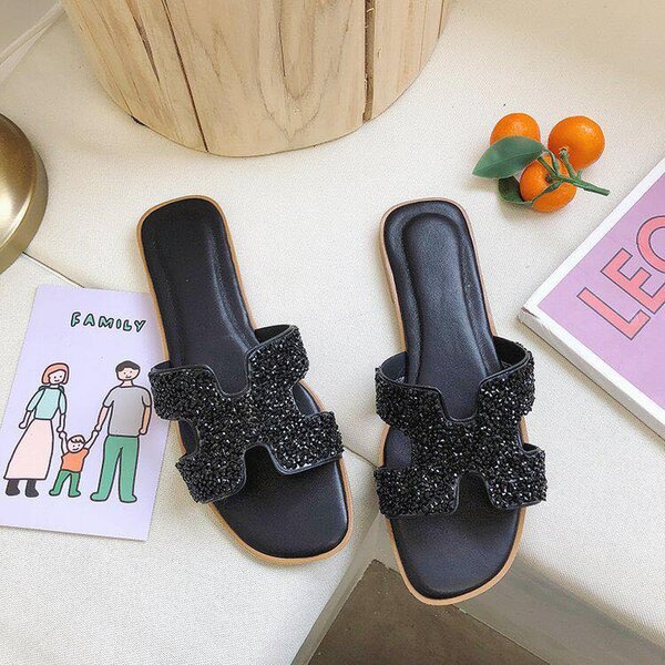 Quality crystal Hermes slippers