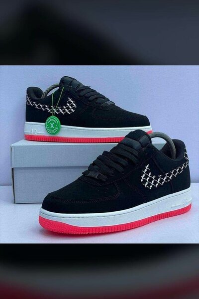 Nike Airforce 1 Suede. Black White and Red Sole
