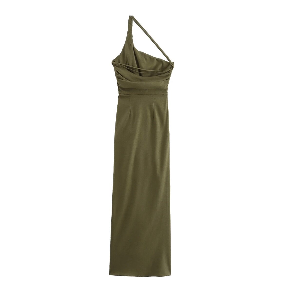 Green Color front pleated and slit summer long dress