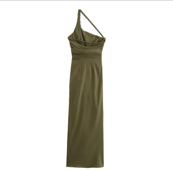 Green Color front pleated and slit summer long dress