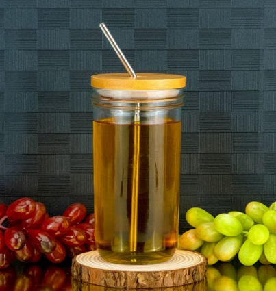 Clear Mason Jar Bamboo Lid Plain Glass Tumbler with Stainless Steel Straw