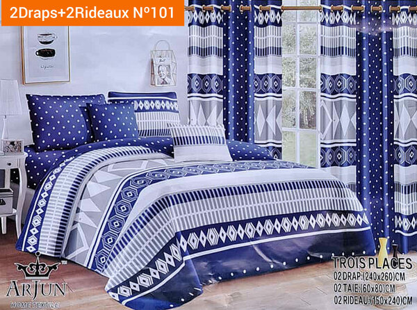 ▪️2 Draps 2 places + 2 taies + 2 Rideaux bleu blanc