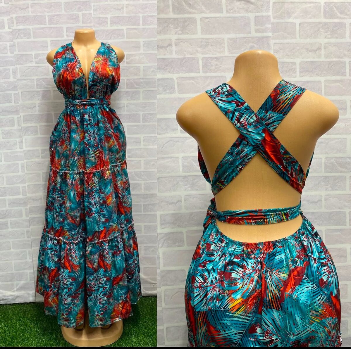 Women Sexy Spaghetti Strap Deep V Neck Flowy Maxi Boho Dress