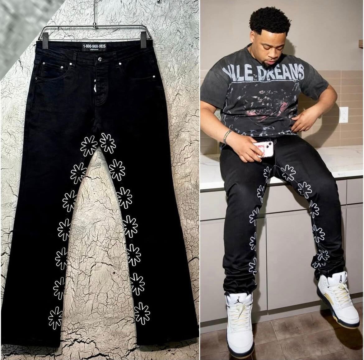 Jean noir homme à fleurs