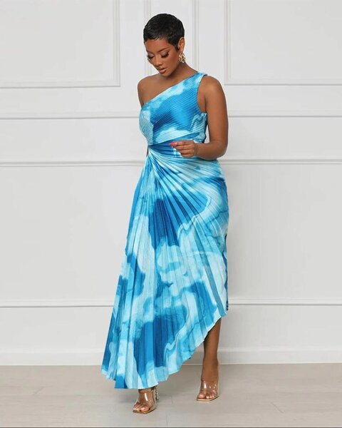 One shoulder Tie Dye pleated cutout dress