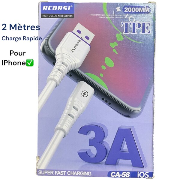 Câble USB iPhone 2M Charge Rapide